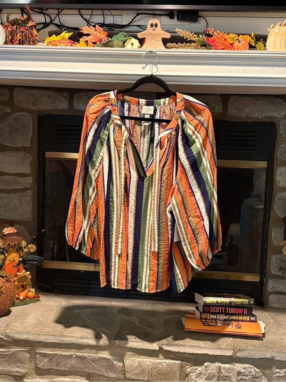 St. John's Bay Orange Multi-Stripe V-Neck Balloon Sleeve Blouse